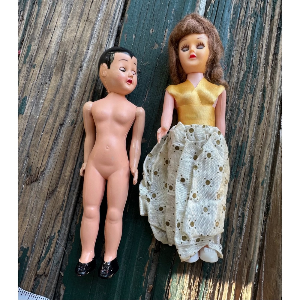 Vintage Plastic Sleep Eye Dolls Male and Female Pair 7.5 Inch Mid-Century Toy